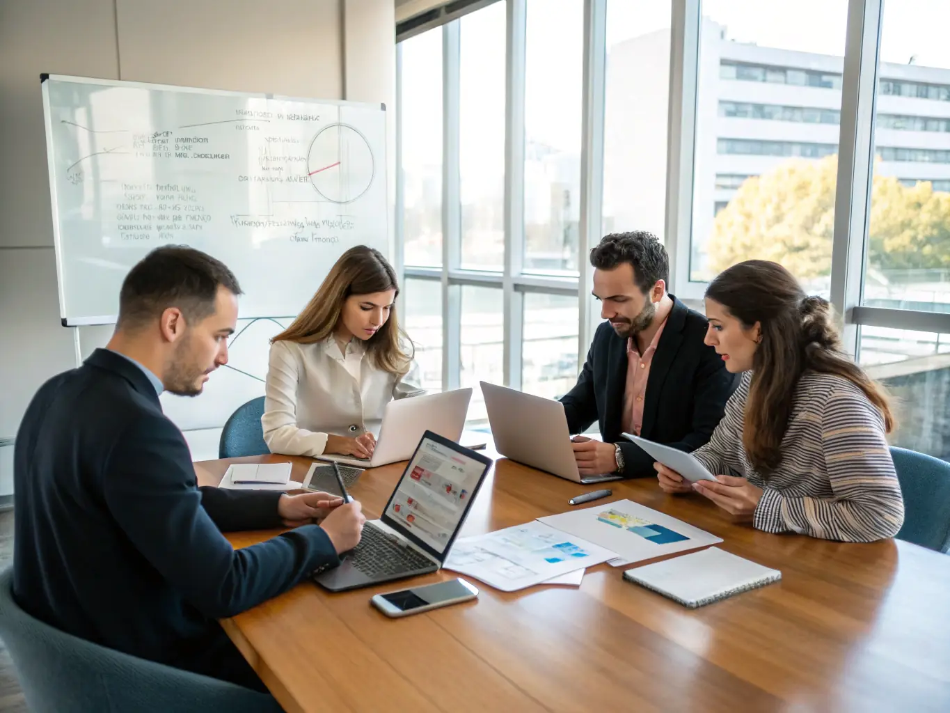 A photograph of a diverse team collaborating on a bidding proposal in a modern office setting, emphasizing teamwork and strategic planning.