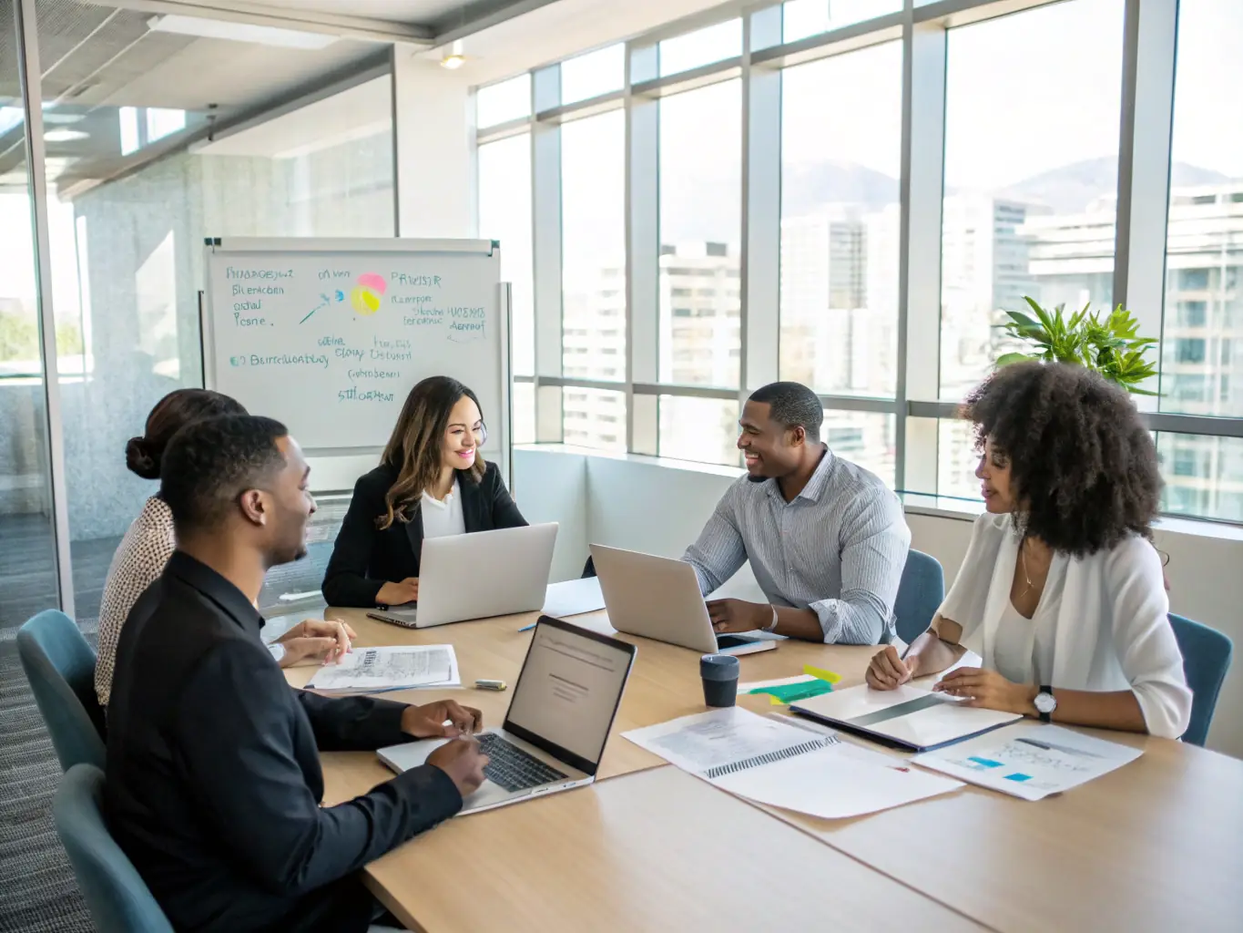A diverse team of business professionals collaborating on a competitive bid proposal in a brightly lit conference room, showcasing teamwork and strategic thinking.