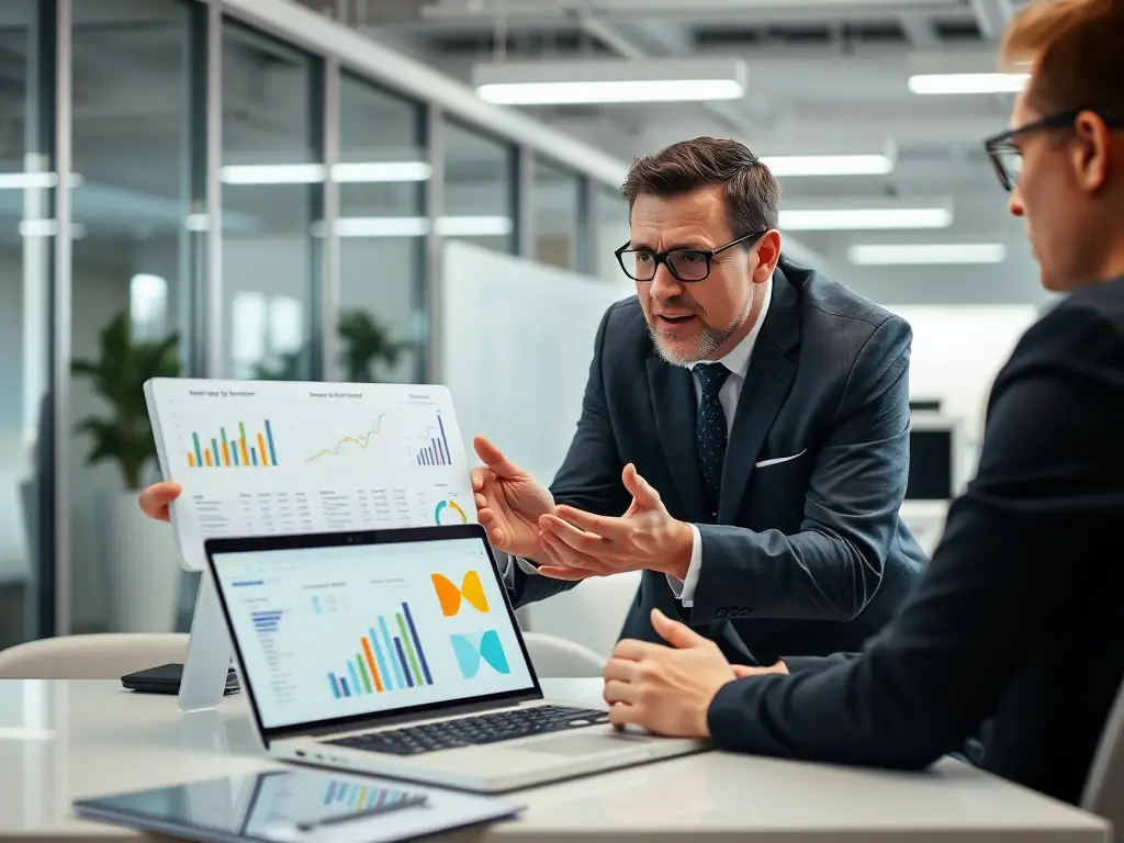 An image of a professional coach guiding a client through bidding documents with charts and laptops on a conference table, symbolizing strategic business coaching.